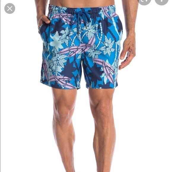 Ike Behar XL Navy Light Blue Pink Tidal Palm Tropical Swim Board Shorts - Picture 1 of 12